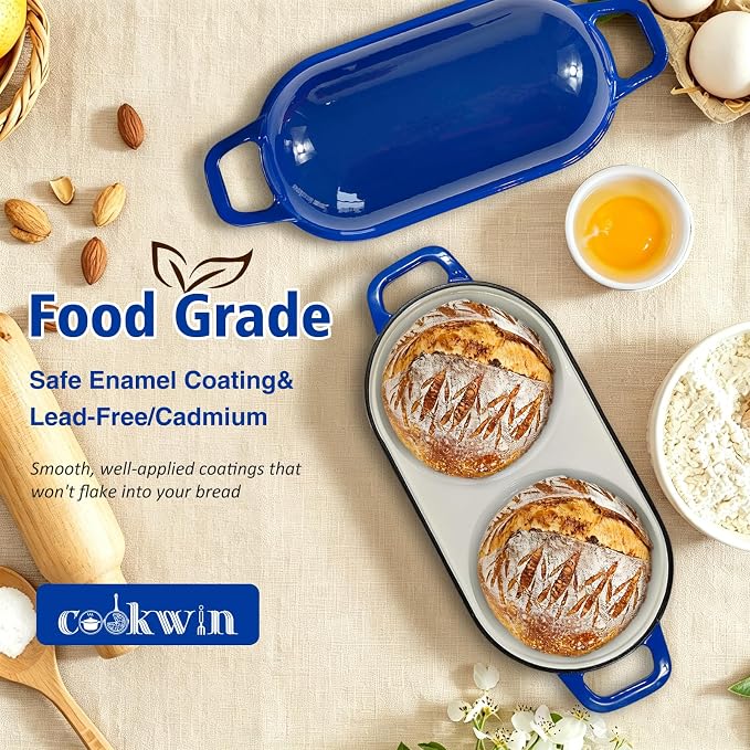 Enameled Cast Iron Bread Oven with Lid, 2.7 QT Double Loaf Dutch Oven for Sourdough Bread Baking, Dual Bread Pan for Artisan Homemade Bread, Even Heat Distribution, Oven Safe to 500°F