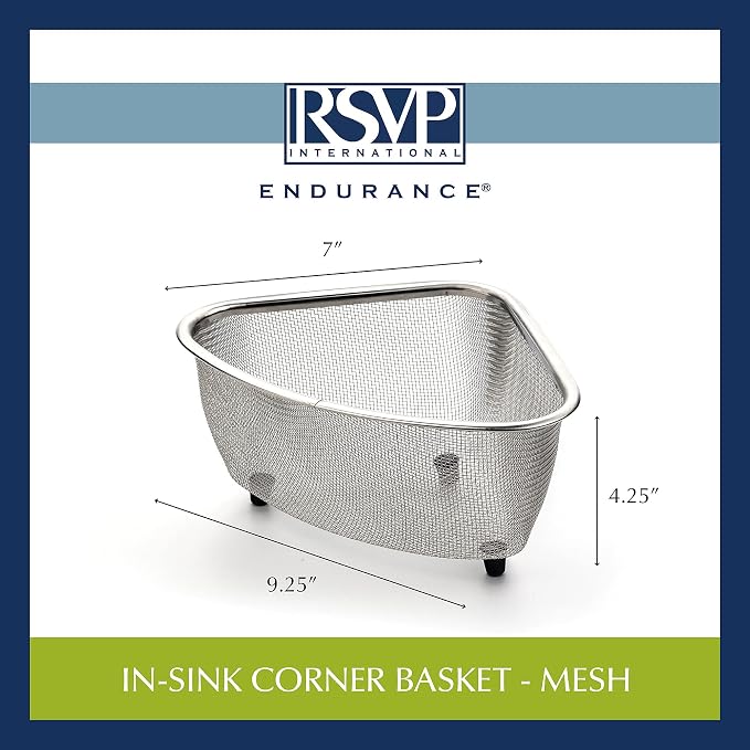 RSVP International Endurance® In-Sink Mesh Colander Strainer Basket, 3 Quart | Organize Sponges, Collect Food Scraps | Dishwasher Safe | Small Corner Basket | Steaming, Draining & Rinsing