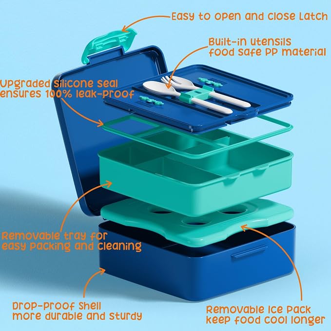 Fimibuke Chill Bento Box for Kids, Toddler Lunch Box with Built-In Ice Pack | Keep Cold Leak Proof BPA Free 4 Compartment Lunch Container with Utensil for Girl Boy School Adult, Microwave Dishwasher Safe
