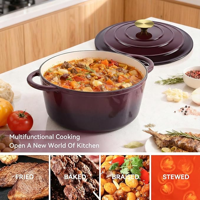 Miereirl 6 Quart Enameled Dutch Oven Pot with Lid, Cast Iron Dutch Oven with Dual Handles for Bread Baking, Cooking, Non-stick Enamel Coated Cookware, Fig