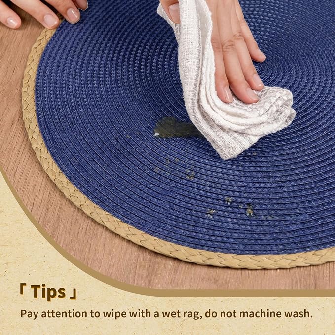 Round Placemats Set of 6, Woven Table Mats, Thin Edge, Navy Blue | Braided Paper Edge, 15 Inch Diameter, Fits Dinner Plate and Flatware, Wipeable, Heat Resistant, Indoor Dining, Outdoor Patio