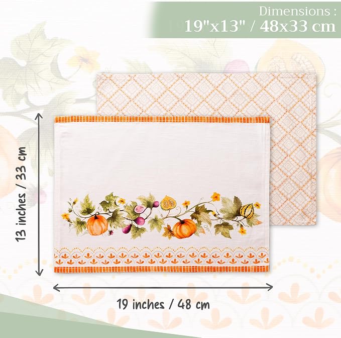 Maison d' Hermine Placemats Set of 4 Reusable 100% Cotton (13"x19") | Cloth Place Mats Washable Table Mats for Kitchen Dining Hotel Home Thanksgiving Christmas - Pumpkin Garden - Cloudy Cream