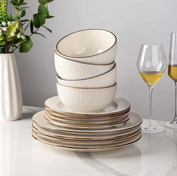 GBHOME Ceramic Dinnerware Sets of 4,16 pcs Plates and Bowls Sets Dishes | Embossed Elegant Stoneware Dishes Set | Dishwasher & Microwave Safe | Service for 4