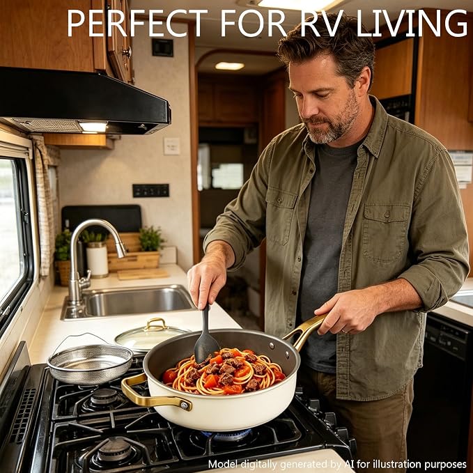 10-in-1 White Ceramic Nonstick Deep Saute Pan Set With Steamer & Lid, 4QT | 10''.PFAS-free frying pan.non-toxic.Induction ready. Oven safe to 480°F. Cool-touch handle. Dishwasher safe. Perfect for RVs!