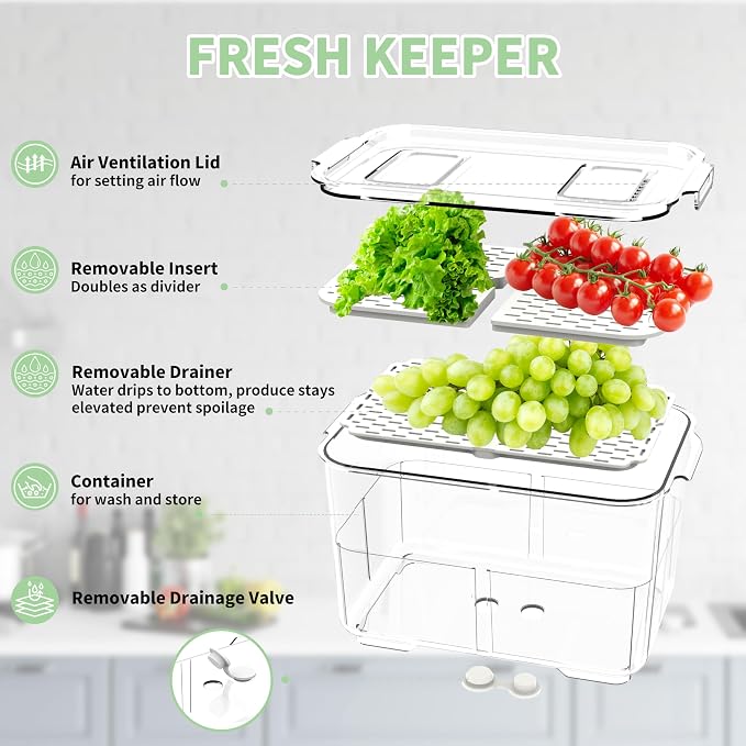 elabo Fridge Fruit Storage Containers, 2Pc Veggies Produce Saver Organizer | BPA-Free & Food Grade Containers, Keep Berries and Veggies Fresh, Large Capacity with Removable Drain Tray