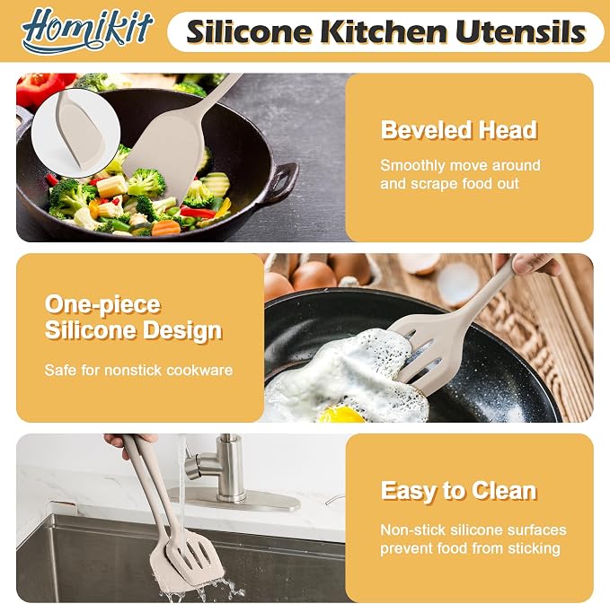 Homikit 15-Piece Kitchen Cooking Utensil Set, Silicone Utensils with Holder | Kitchen Gadgets Tools include Slotted Spatula Ladle Turner for Nonstick Cookware, Heat Resistant & Dishwasher Safe, Khaki