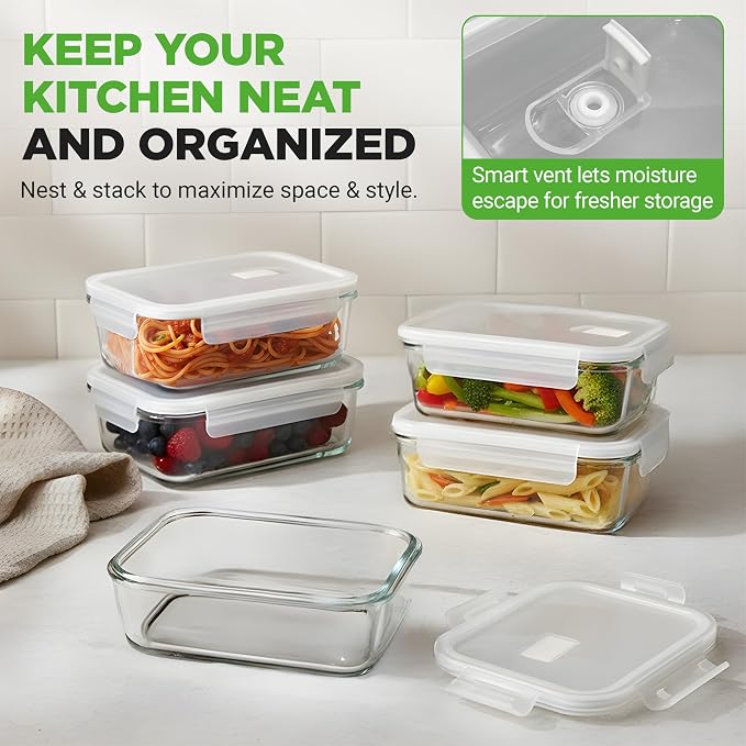 NutriChef 5-Piece 30 oz Reusable Glass Meal Prep Containers - Stackable Kitchen Storage Containers for Food, 4-Side Locking Plastic Lids w/Vent Hole - Easy to Clean, Dishwasher Safe (Flat)