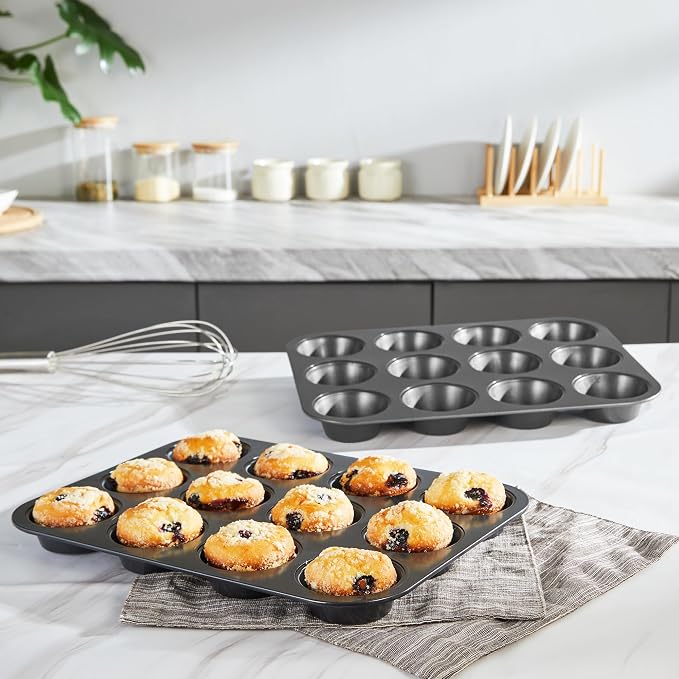 Non-Stick Muffin Pans, Cupcake Pan with Silicone Baking Cups, 2 Pack Non toxic Healthy Muffin tin, Heavy duty-Dark Grey