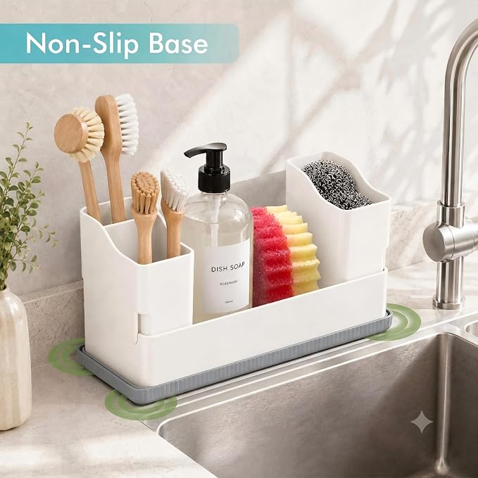Sponge Holder for Kitchen Sink with Drying Stone, White | Kitchen Caddy Sink Organizer, 2 Removable Cups, Premium ABS, Anti-Slip, 12.7" Sponge and Soap Holder for Kitchen Counter