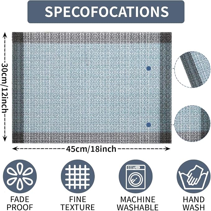 Blue Grey Ethnic Boho Placemats Set of 4, 12x18 Inch Linen Burlap Washable Durable Art Table Mats for Holiday Party Kitchen Dining Room Decoration