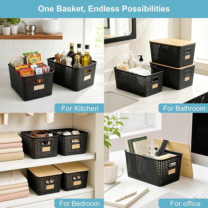2 Pack Tall Plastic Storage Bins with Bamboo Lids, 10.8qt Stackable Storages Baskets for Organizing Desktop Closet Playroom Classroom Office, 12"L x 8.3"W x 6.1"H, Black
