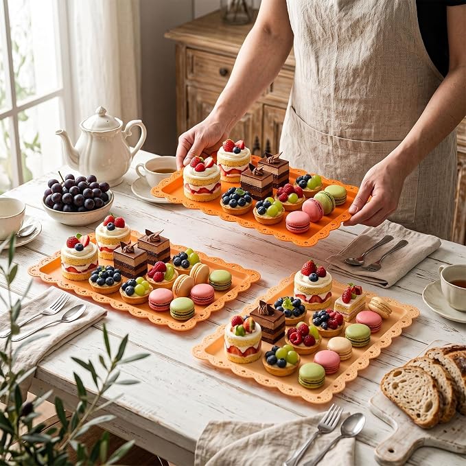 3 Pcs Orange Serving Trays Plastic Platters Dessert Cupcake Holder Party Supplies 14.4 x 9.3 Inches Rectangular Cookie Snack Display Tray for Wedding Restaurant