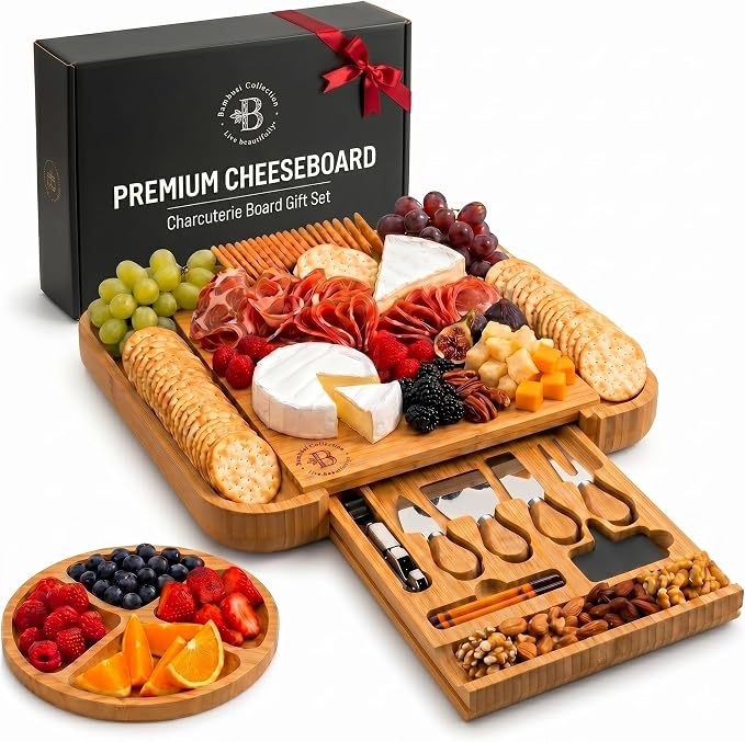 Charcuterie Boards Gift Set, Bamboo Cheese Board with Serving Accessories | House Warming Gifts New Home, Birthday Gifts for Women, Gifts for Men and Mom, Wedding, Bridal Shower, Anniversary Present
