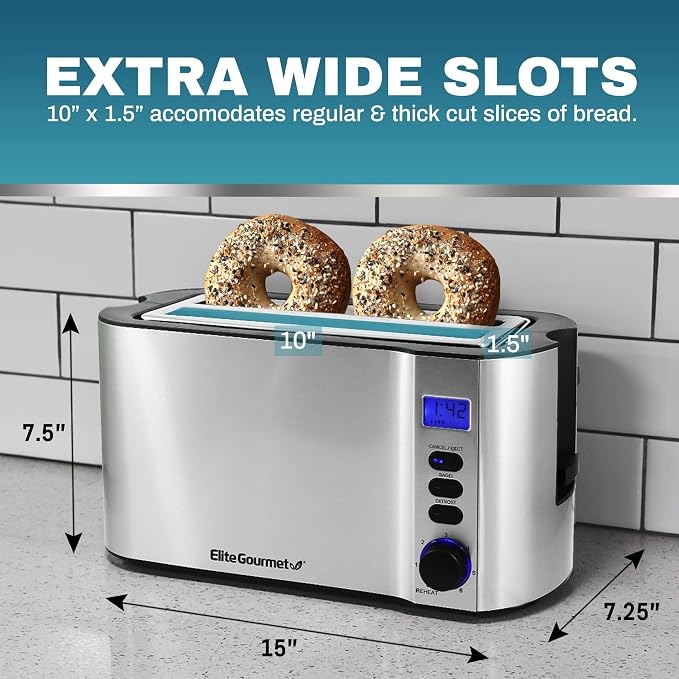 Elite Gourmet ECT4400B# Long Slot 4 Slice Toaster, Countdown Timer, 6 Toast Setting, Defrost, Cancel Function, Built-in Warming Rack, Extra Wide Slots for Bagel Waffle, Stainless Steel | 6 Toast Settings, Defrost & Cancel Function, Built-In Warming Rac...