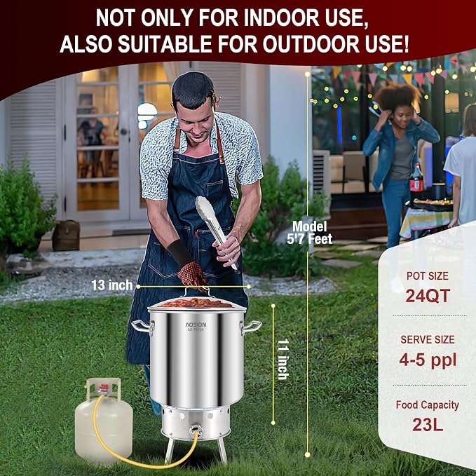 AOSION 24QT Stainless Steel Stock Pot with Lid,6 Gallon. | Steamer Rack & Divider, Heavy Duty Tamale Steamer Pot, Visible Lid, For Crab Boil, Pasta, Soup