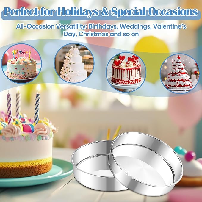 E-far 8 Inch Cake Pan Set of 2, Stainless Steel Round Baking Pans Tins Mold | Non-Toxic & Leak-Proof for Birthday Wedding Layer Tiered Cake, Easy Clean & Dishwasher Safe
