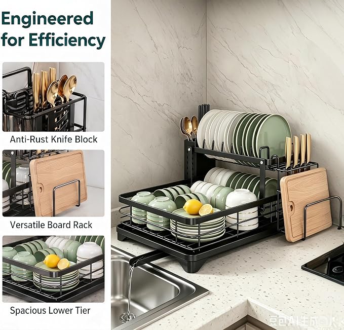 Dish Drying Rack, 2 Tier Space-Saving Dish Rack for Kitchen Counter, Dish Drainer Stainless Steel Rustproof with Drainboard, Utensil Holder