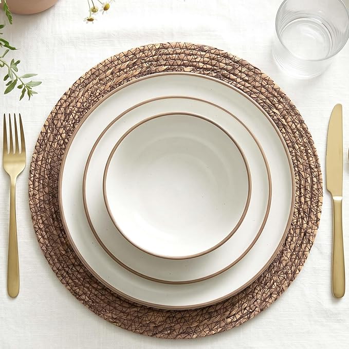 13.8" Set of 8 Brown Seagrass Woven Round Placemats - Wicker Boho Farmhouse Placemats - Rattan Table Mats Like Water Hyacinth for Dining Table, Wedding, Home (Brown Seagrass)