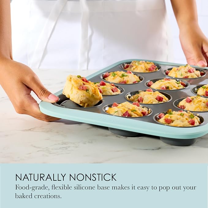 Chicago Metallic 12-Cup Silicone Muffin Pan, Blue - Nonstick Cupcake Baking Pan with Wire-Reinforced Rim, Oven Safe to 428F, Dishwasher Safe, 14.6 x 10.43 Inches