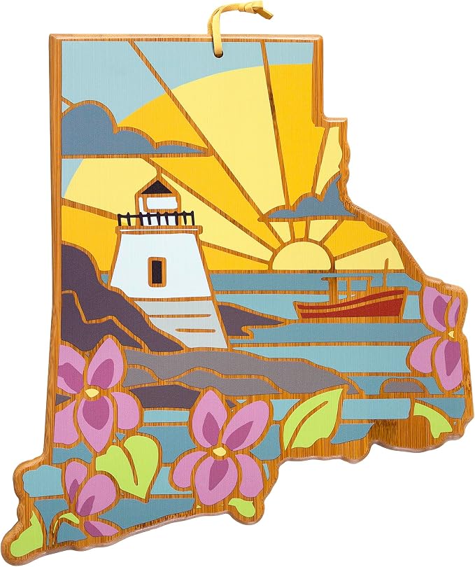 Totally Bamboo Rhode Island State Shaped Cutting Board, Summer Stokes Art | State charcuterie board with colorful hand-drawn landscape art. Smooth reverse side for food prep. Hang tie for wall display.