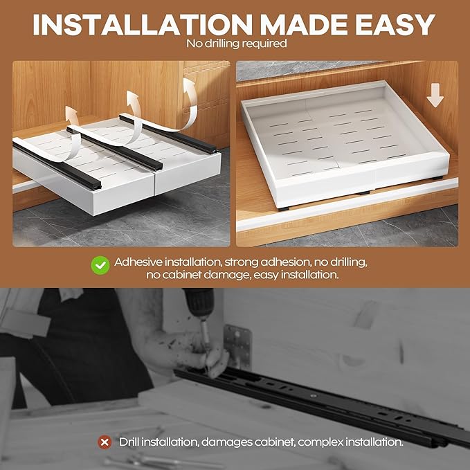 Seinloes 6 Pack Expandable Pull Out Cabinet Organizer 21"Deep With Raising Pad for Framed Cabinets,Slide Out Drawers With 4pcs Divider Racks,No Drill Roll Out Shelf,Adjustable Width 12.05"-20.4"White