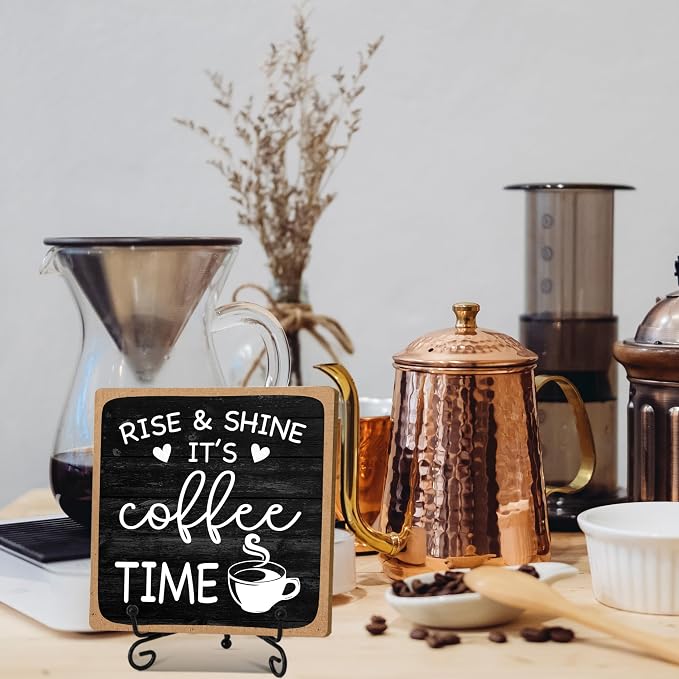 Farmhouse Coffee Bar Sign, Rise & Shine It's Coffee Time | 5"x5" Wood Plaque with Stand Gift for Home Kitchen Tabletop Decor | B09