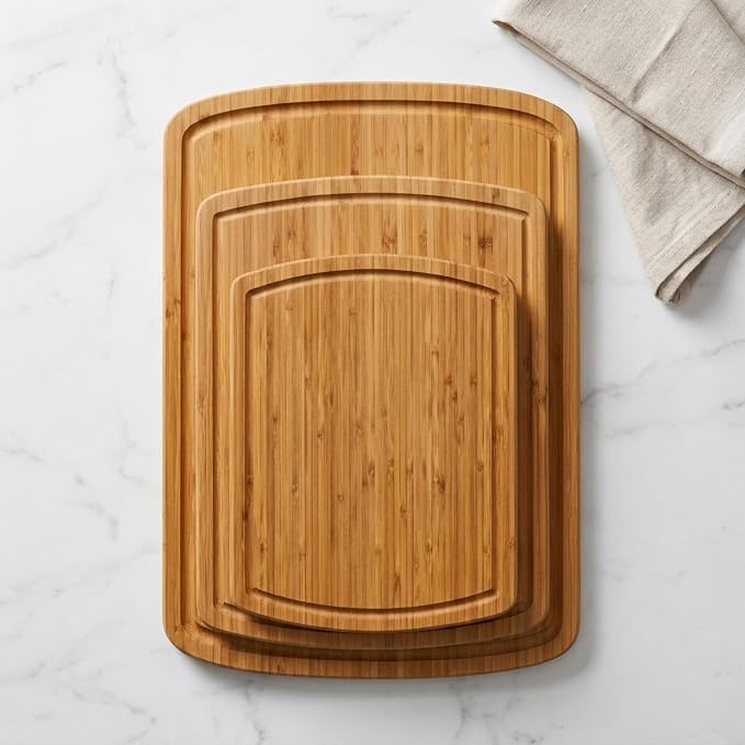 Bamboo Cutting Boards for Kitchen, Non Toxic Wooden Chopping Board Set | Carbonized Dark Color, Deep Juice Groove, Knife-Friendly, Side Handles, Reversible, for Meat, Veg, Fruit, Cheese