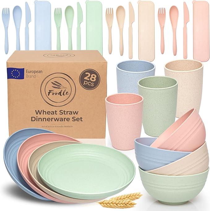FOODLE Wheat Straw Dinnerware Set - Non-Toxic Kids Plates and Bowls Sets | BPA-Free & Safety Tested - Dishwasher & Microwave Safe - Easy to Clean - Children, Camping, College Dorm Dishes - For 4