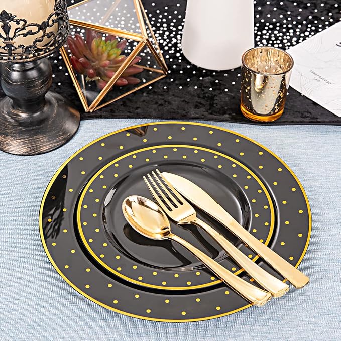 DaYammi 200Pcs Gold and Black Plastic Plates with Silverware,Black Disposable Plates for Party Black Gold Supplies Includes 40 Dinner Plate,40 Dessert Plate,40 Forks,40 Knives,40 Spoons for Party
