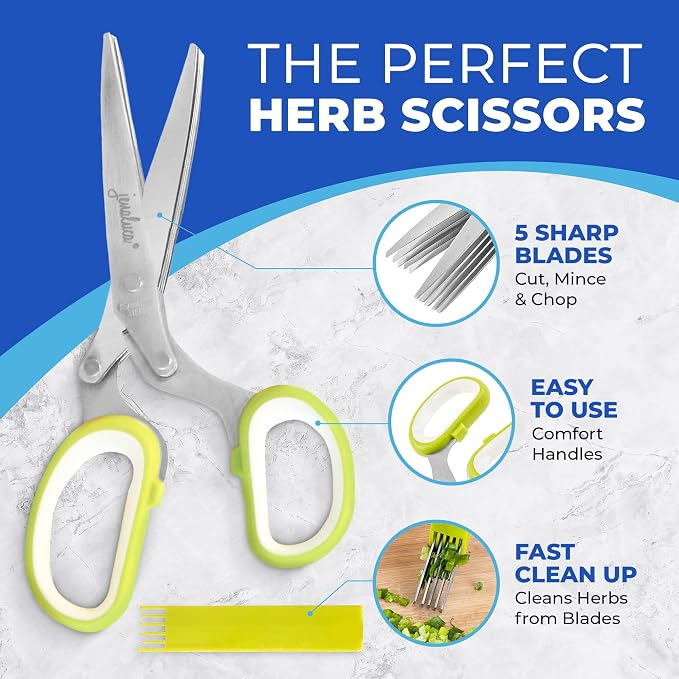 5-Blade Herb Scissors, Stainless Steel Kitchen Shears, Black | Cut & chop fresh herbs & leafy greens efficiently. Perfect salad scissors. Includes cleaning comb & safety cover.