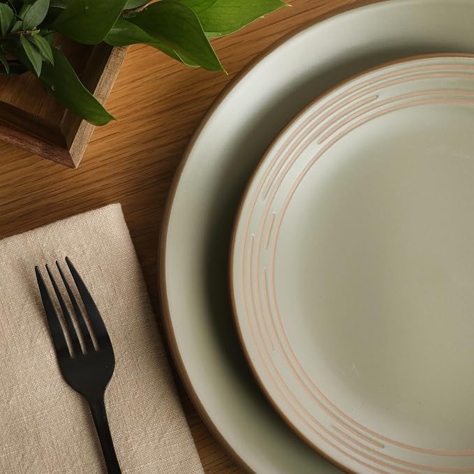 Gibson Home Chiswick House 16-Piece Stoneware Dinnerware Set, Round Plates and Bowls Set for 4, Green with Wax Relief Embossed Rim Detail, Dishwasher Safe – Dinner Plate, Salad Plate & Cereal Bowl
