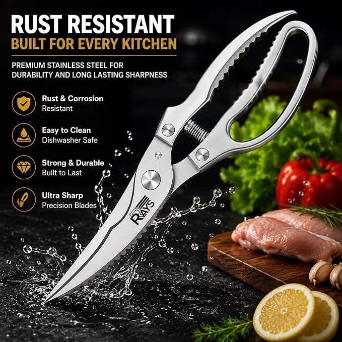 Heavy Duty Poultry Shears, Spring Loaded Kitchen Scissors for Chicken, Turkey, Meat & Fish, Stainless Steel Meat Scissors & Chicken Bone Cutter, Dishwasher Safe with Safety Lock & Gift Box