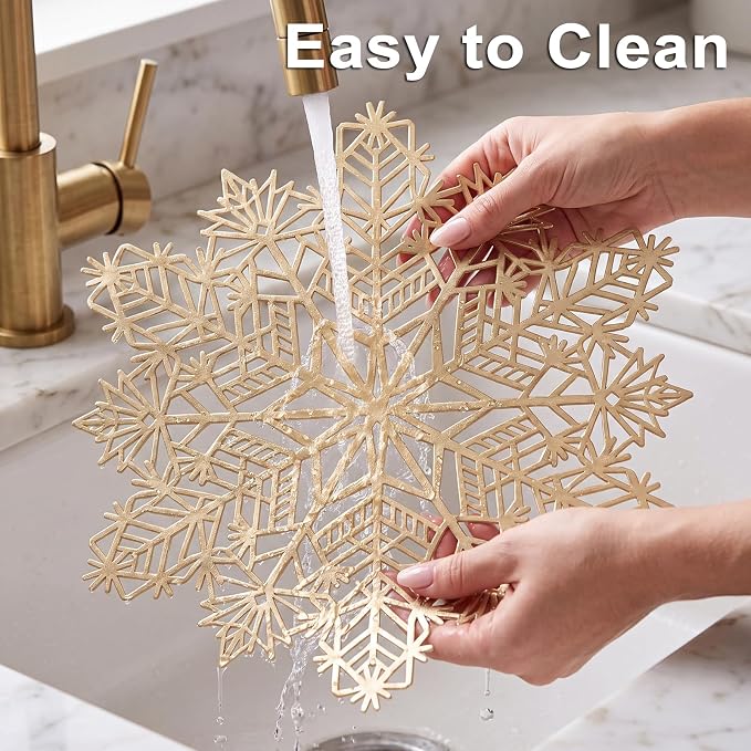 ADRIMER Snowflake Placemats Set of 12, Gold Vinyl Table Mats 15 Inch | Easy to Clean Placemat, Heat Resistant Hollow Wipeable Table Placemats for Thanksgiving Christmas Wedding Holiday Decor