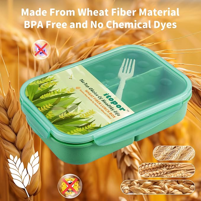 Itopor Bento Box for Kids & Adults, Lunch Box 46 oz / 1400ml, Sage Green | Wheat straw material, BPA-free, leakproof, 3 compartments, microwave & dishwasher safe, for school, office & travel