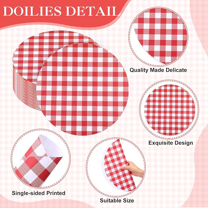 Funnymoom 60 Pcs Red and White Gingham Disposable Paper Placemats Round Table Place Mat Summer Checkered Decorative Paper for Baby Shower Wedding Birthday Party Dinner Table Decor