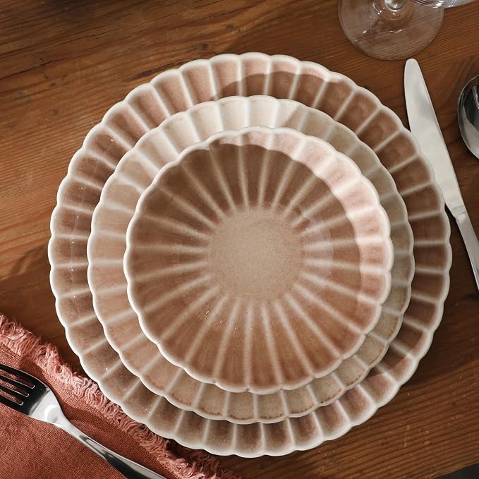 Gibson Elite Peach Orchard 12-Piece New Bone China Dinnerware Set Service for 4, Embossed Fluted Plates and Bowls, Dishwasher and Microwave Safe, Mauve Rose