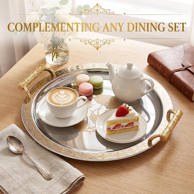 3 Pack Metal Serving Trays with Handles, Decorative Floral Platter Trays for Coffee Tea, Food, Dessert, Jewelry, for Buffet Wedding Party Kitchen Home Decor(Cute,Silver, Gold)