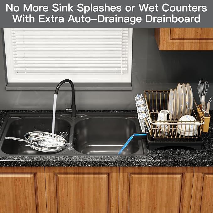 Gold Dish Drying Rack Over Sink with Utensil Holder, Drainboard | Expandable Stainless Steel Dish Drainer for Small Kitchen, Apartment, RV, Counter Space Saving, Perfect Fit, Rustproof