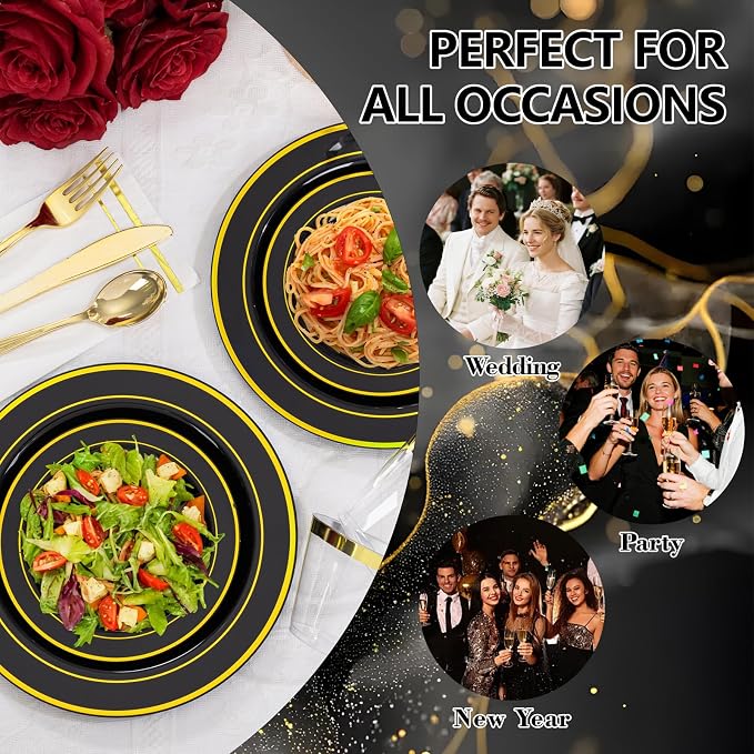 GATHER 350PCS Black Plastic Plates with Gold Rim for Wedding Party | Black and Gold Disposable Dinnerware Set include 100 Plates, 150 Silverware, 50 Napkins, 50 Cups for Birthday Retirement