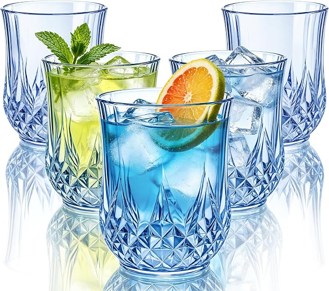 40 Pack 12 Oz Plastic Stemless Wine Glasses, Blue | Unbreakable, Reusable, Elegant Vintage Design, Fancy Cocktail Cups, Whiskey, Champagne, Wedding, Party, Bars, Holiday Events