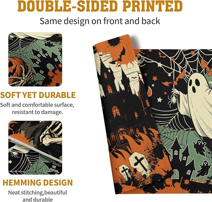 Halloween Skeleton Ghost Placemats Set of 4 12x18 Inch Spooky Pumpkin Bat Table Mats Vintage Rustic Farmhouse Place Mats for Party Kitchen Dining Decor