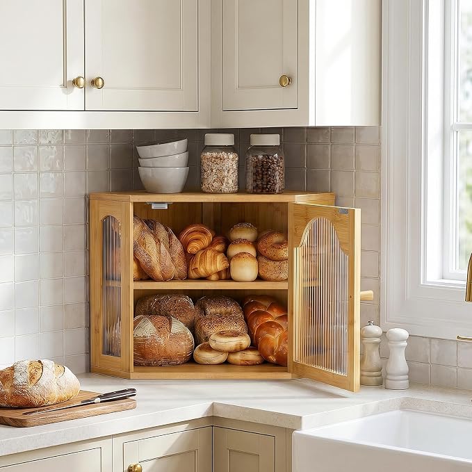 2-Tier Corner Bread Box for Kitchen Countertop with Acrylic Wavy Door Panel | Bread Storage for Homemade Bread, Large Bamboo Vintage Farmhouse Bread Bin, Cabinet Cupboard Pantry, Natural, Meduim