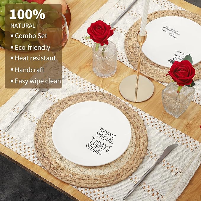 Handmade Boho Placemats Set of 4 | Natural Woven & Fabric Cotton Combo Table Mats | 8-Piece Versatile Place Mats | Rustic Farmhouse Style Dining Table Decor