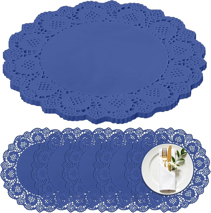 100 Pack 13.5 Inch Round Blue Paper Doilies, Disposable Lace Placemat | Rustic Scallop Doily Table Pads, Heavy-Duty Paper Place Mats for Cakes, Crafts, Parties, Weddings, Buffet, Home Decor