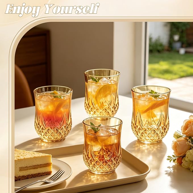 24 Pack Plastic Stemless Wine Glasses, 12oz Unbreakable Wine Cups | Reusable Fancy Vintage Drinking Glass Bulk for Cocktail, Whiskey, Juice, Elegant Decor for Wedding, Party & Holiday Events
