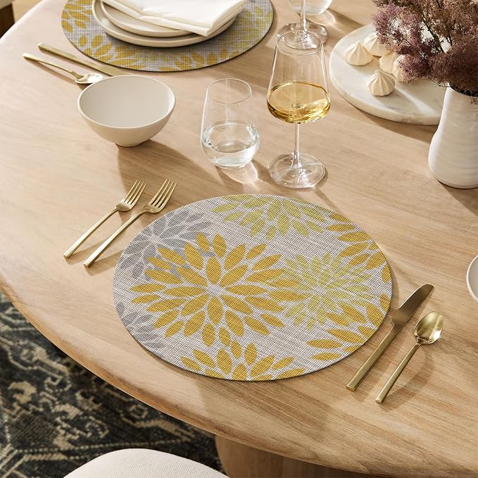 Artoid Mode Yellow Dahlia Plastic Round Placemats Set of 4, 14 Inch Seasonal Wipeable Woven Vinyl Table Mats for Farmhouse Party Kitchen Dining Decor