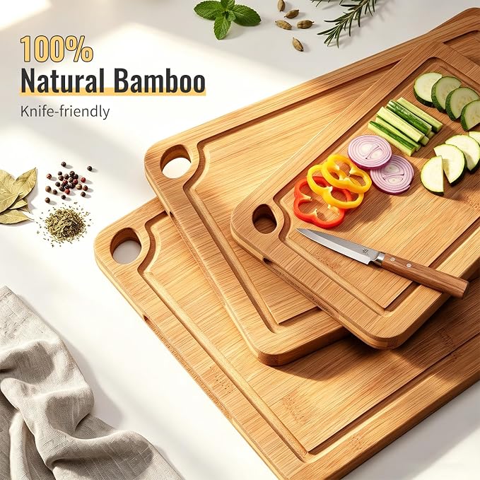 Bamboo Cutting Board Set for Kitchen, Charcuterie Board with Juice Grooves | 3-piece set with storage stand; pre-oiled; deep juice channels; Chopping Board for meat,cheese,vegetables