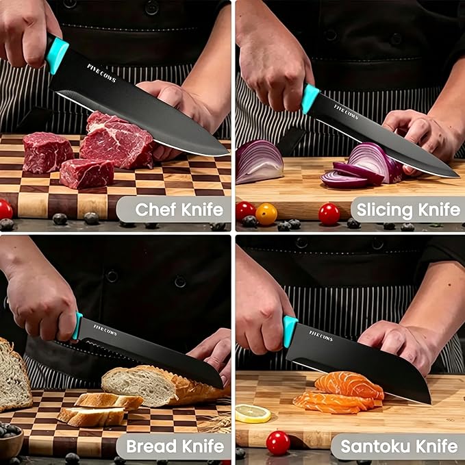 14 Pcs Kitchen Knife Block Set with Sharpener (Green) | German High Carbon Stainless Steel Chef Knives, Ultra Sharp & Durable. Lightweight Anti-Slip Handle, Great For Home Cooking