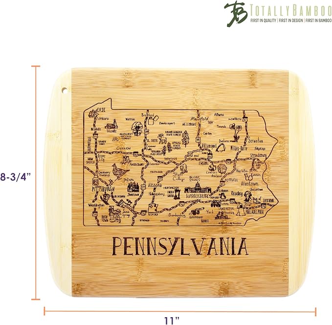 Totally Bamboo A Slice of Life Pennsylvania Engraved Map Cutting Board | 11” x 8.75” charcuterie board with engraved state map artwork. Smooth reverse side for food prep. Hang tie for wall display.