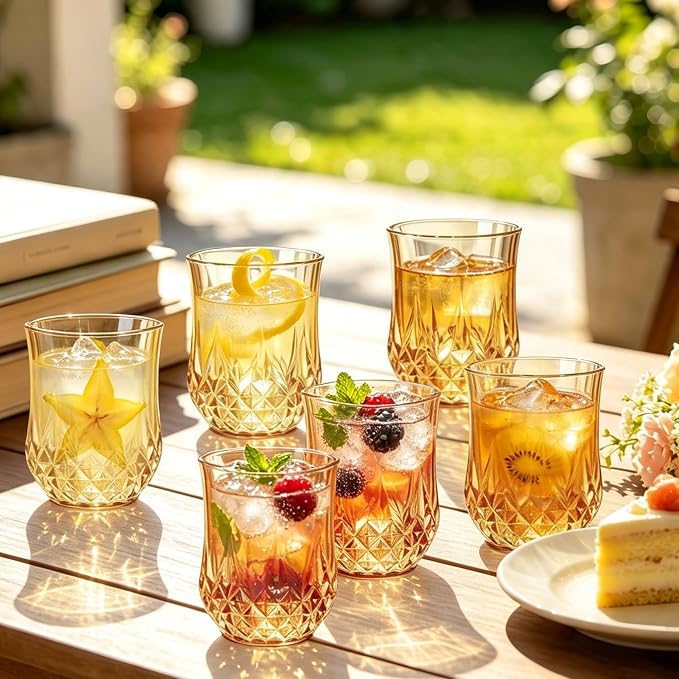 24 Pack 12 Oz Plastic Stemless Wine Glasses, Gold | Unbreakable, Reusable, Elegant Vintage Design, Fancy Cocktail Cups, Whiskey, Champagne, Wedding, Party, Bars, Holiday Events